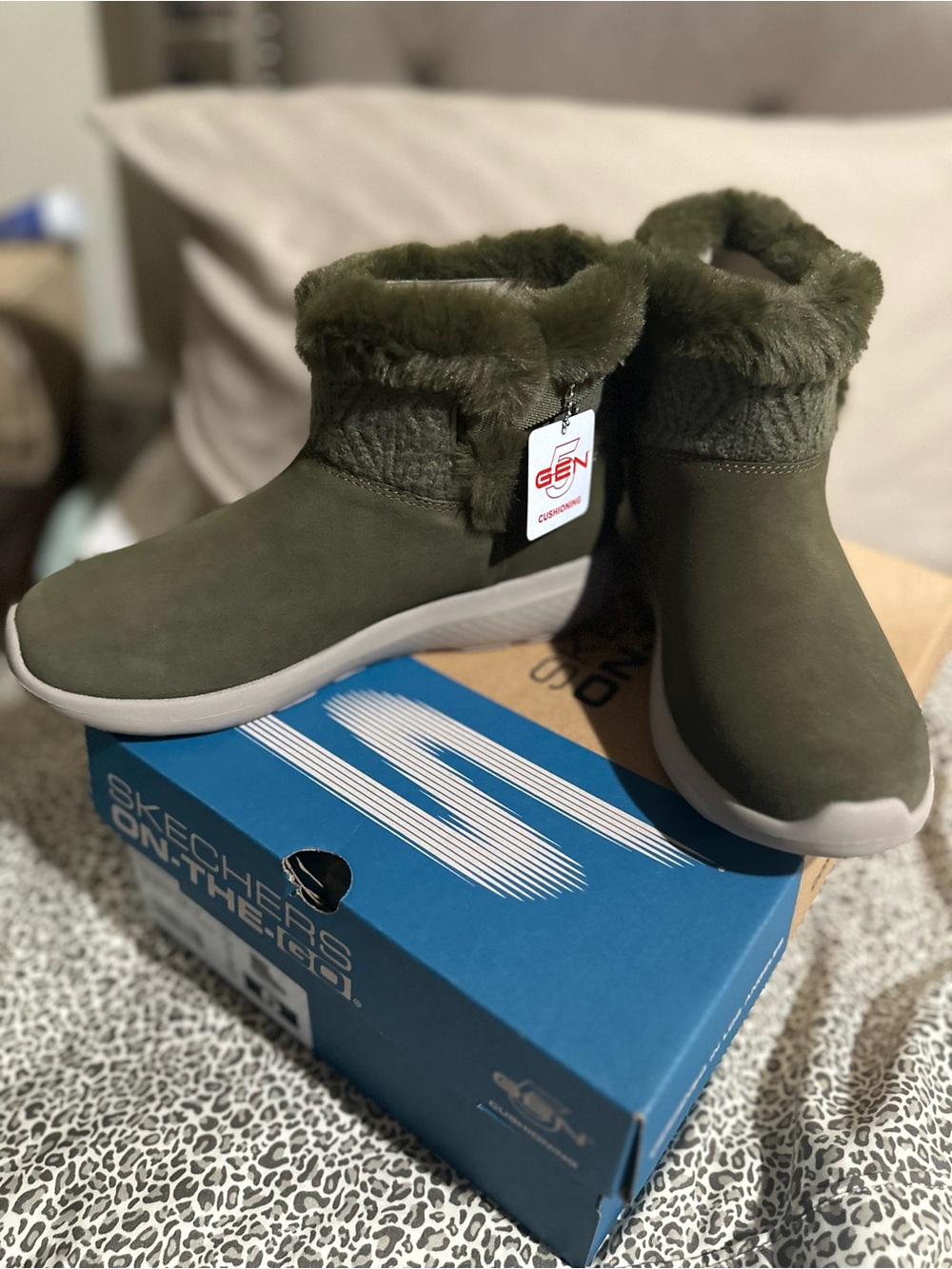 Skechers Olive Green Faux Fur Slip-On Ankle Boots with White Sole